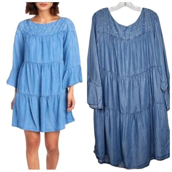 Elliott & Vine Blue Tiered Chambray Tencel Pearl Bell Sleeves Dress Size 3X - Picture 1 of 9